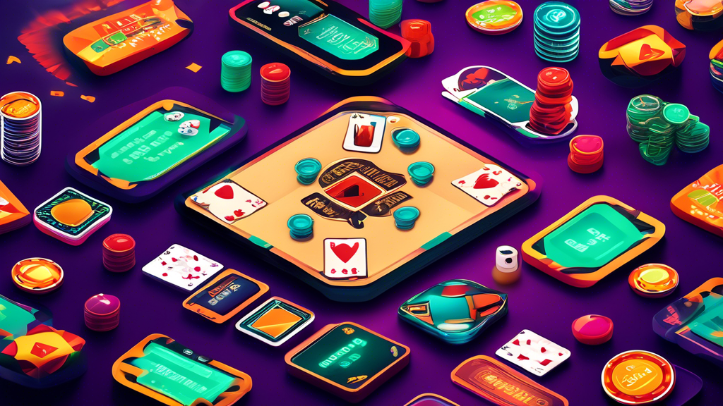 Create an image showcasing a vibrant, engaging digital landscape filled with various icons and logos of popular platforms for playing free online poker. Include elements like poker chips, cards, and gaming devices to illustrate the concept of free poker games. The scene should have a dynamic feel, emphasizing features like user-friendly interfaces and interactive experiences. Use bright colors and modern design to capture the excitement of online gaming, while also incorporating visual representations of pros and cons, such as thumbs up and thumbs down icons.