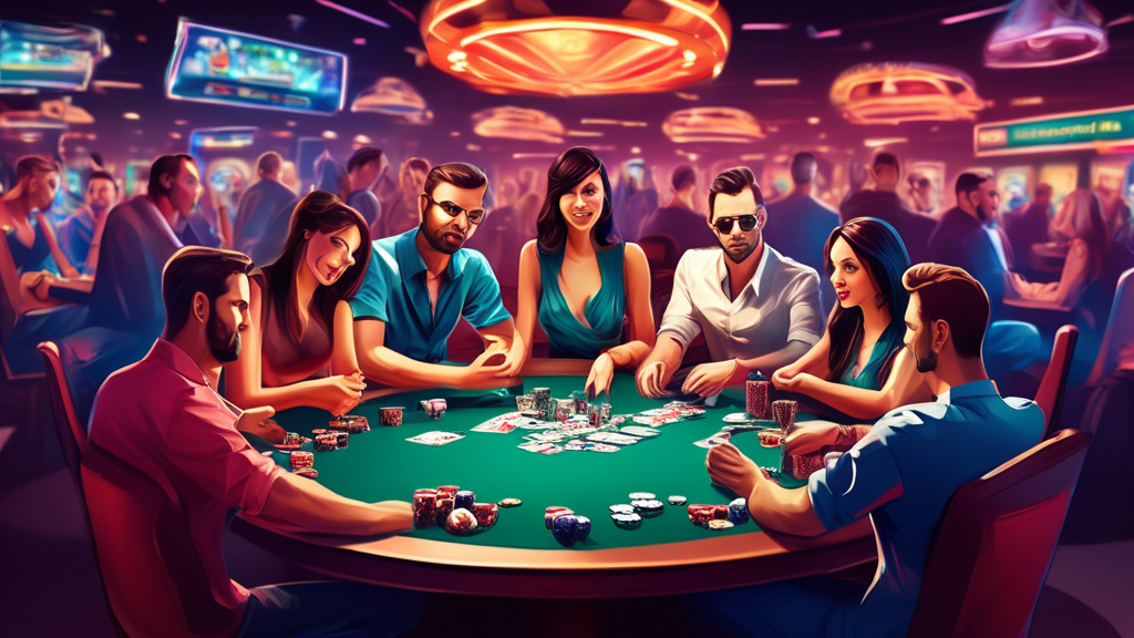 Create an engaging and visually appealing illustration that captures the essence of Tips and Strategies to Enhance Your Free Online Poker Experience. The image should depict a diverse group of players seated around a colorful poker table, intently focused on the game. Include elements like playing cards, poker chips, and a digital screen displaying poker strategies. In the background, incorporate a virtual environment to represent the online aspect, with icons symbolizing various poker platforms. The atmosphere should be friendly and inviting, showcasing the learning and social aspects of playing free online poker. Use vibrant colors and dynamic expressions to convey excitement and camaraderie among the players.