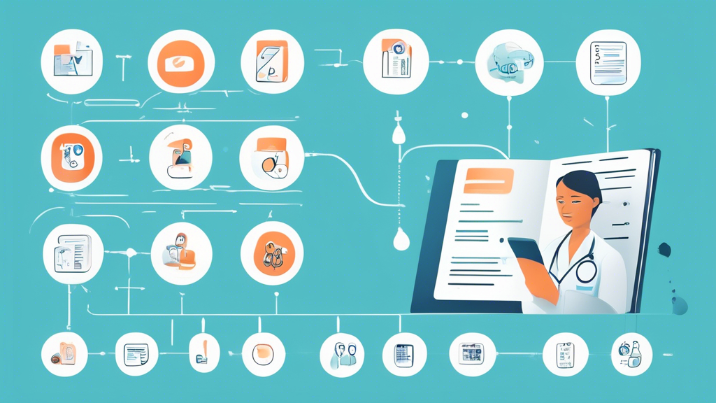 Create an image that visually represents the step-by-step process of applying for a DOT medical card. The central focus should be a friendly, official-looking checklist or flowchart. Include icons or small illustrations for each step, such as:1. **Prepare Your Documents**: An icon of a folder with medical records and ID cards.
2. **Schedule Your Exam**: A calendar with a date circled.
3. **Medical Examination**: A simplified illustration of a doctor giving a health check-up.
4. **Address Common Issues**: A magnifying glass highlighting a checklist of potential issues.
5. **Receive Your DOT Medical Card**: An image of a hand holding an official-looking card.Use vibrant, engaging colors and ensure the text on the checklist or flowchart is clearly legible. Position the text Get DOT Medical Card Near Me prominently to emphasize the context.