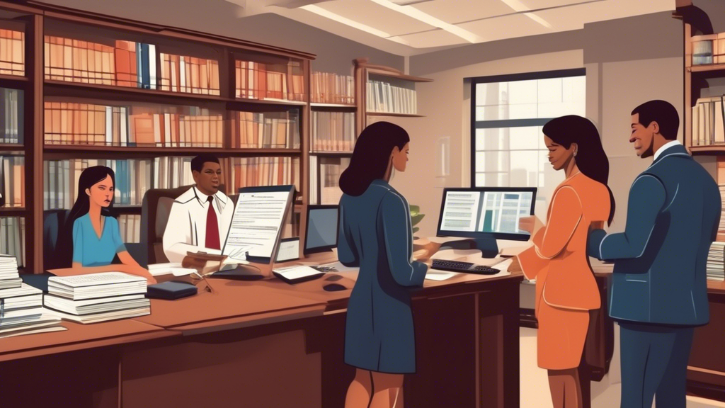 Create an image that depicts the key factors to consider when choosing personal injury attorneys in a local area. The scene includes a diverse group of individuals looking at a computer screen displaying a webpage with attorney credentials, client reviews, and a success rate chart. In the background, shelves filled with law books and certificates on the wall indicate the importance of experience and qualifications. The setting is bright and welcoming, emphasizing trust and professionalism.
