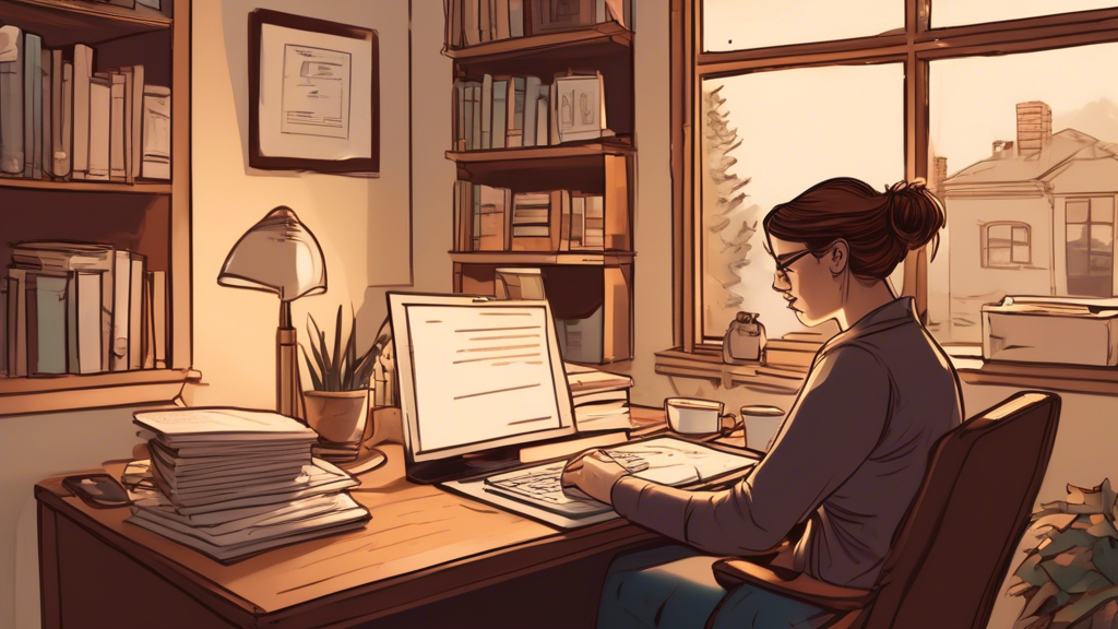 DALL-E prompt: An illustration of a person sitting at a desk, looking at a computer screen displaying an online directory of personal injury attorneys. The background shows a cozy home office with bookshelves and a window overlooking a neighborhood. On the desk, there are also a phone, a notebook, and a cup of coffee. The person appears to be writing down notes and making phone calls, portraying the process of utilizing search tools and seeking referrals to find the best personal injury attorneys in their area. Include visual elements such as icons of popular local search tools and a map with pin markers.