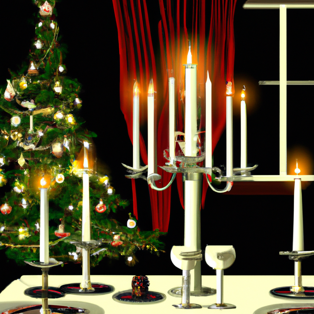 Create an image showcasing a festive living room elegantly decorated for the holidays with battery operated Christmas candles. The scene should include candles adorning a mantlepiece, glowing softly on window sills, and enhancing a beautifully set dining table. The ambiance is warm and inviting, with a cozy Christmas tree in the background, and subtle winter-themed decor. Consider including various candle designs and colors to demonstrate versatility and harmony with the holiday décor.
