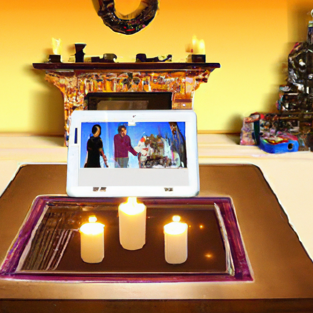Create an image showcasing a family sitting together in a cozy living room, reviewing different battery operated Christmas candles from various top-rated brands. The candles are beautifully displayed on a coffee table, some demonstrating their flickering flame technology and brightness adjustment features. Nearby, a laptop screen shows user testimonials and reviews, adding a sense of research and comparison shopping. The scene is warm and festive with a Christmas tree and holiday decorations in the background.