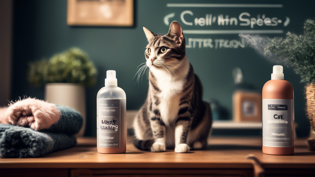 Create an image of a cozy living room setting with a female cat looking curiously at a spray bottle labeled 