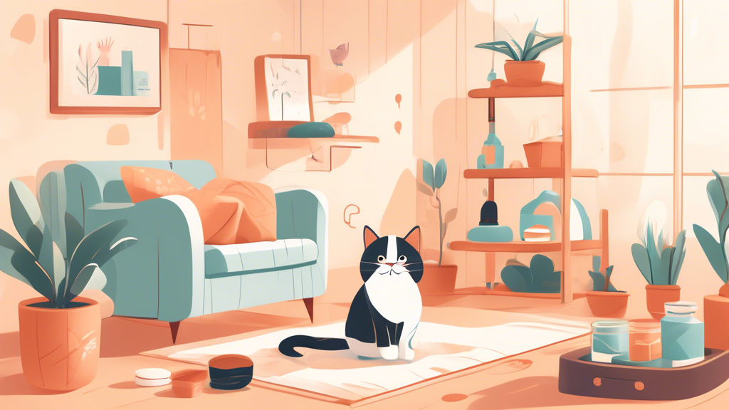 Create an illustration depicting a serene and well-organized living space with various effective strategies to deter a female cat from spraying. Include elements such as strategically placed litter boxes, cozy cat trees, and calming pheromone diffusers. Show a cat engaging in positive behavior, such as playing with toys or lounging comfortably, to emphasize the impact of a positive environment on the cat’s behavior. Use soft colors and warm lighting to create a peaceful atmosphere.