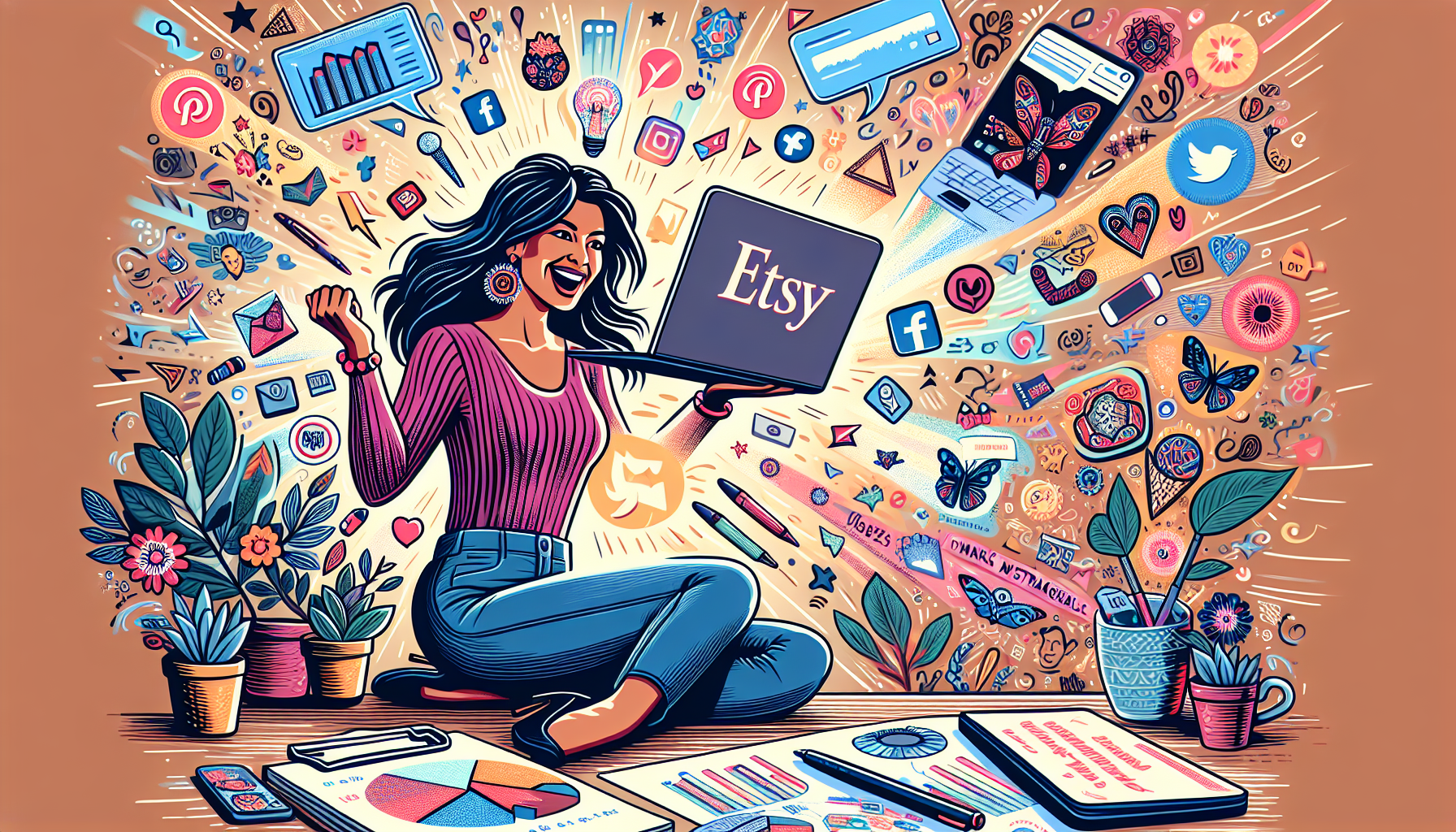 Prompt for DALL-E: An illustrated scene depicting a creative entrepreneur marketing their Etsy shop. The background features a vibrant atmosphere with colorful social media icons floating around, symbolizing engagement on platforms like Instagram and Pinterest. In the foreground, a laptop displaying an Etsy shop with attractive product listings, alongside a notepad filled with marketing strategies and analytics graphs. The entrepreneur is shown joyfully interacting with customers on social media, representing the various effective marketing strategies to promote their online shop.