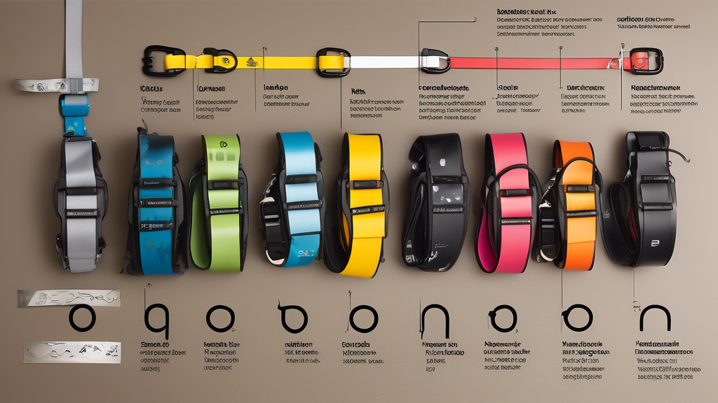 Create an image that captures various waterproof leashes laid out on a clean, visually appealing surface. Include tags displaying information about their material compositions, such as Biothane® and rubber, with labels highlighting features like ergonomic design, reflective strips, and padded handles. The scene should also show varied leash lengths and different types of clips to emphasize functionality and safety.