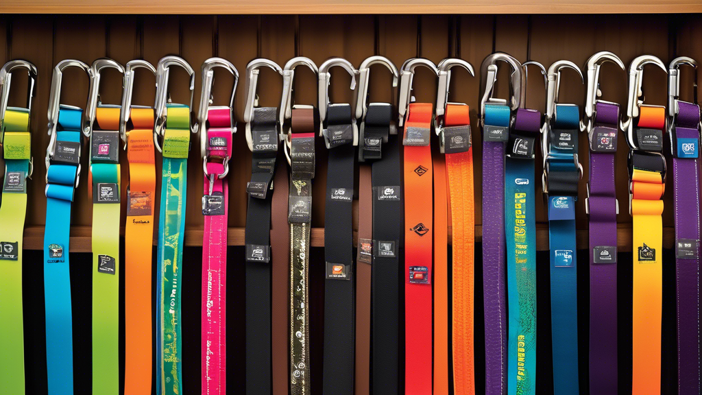 Create an image that showcases a variety of top-brand waterproof leashes displayed neatly on a vibrant retail shelf. Each leash should be clearly marked with its brand name and key features such as reflective strips, padded handles, and different types of clips, while price tags indicate both budget and premium options. Background elements should include a few customer review cards and expert endorsement badges to emphasize the feedback and ratings. The overall look should be well-organized and visually appealing to highlight the best waterproof leash brands in the market.