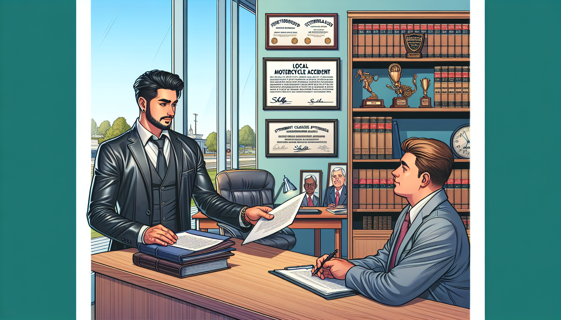Image of a confident Shelby motorcycle accident lawyer discussing a case with a client in a well-organized law office filled with motorcycle law books and awards. The lawyer, who displays strong negotiation skills and trial experience， is examining documents while explaining successful case studies to a client. Realistic setting in Shelby with visible certificates and local legal books relevant to motorcycle laws on the shelves.