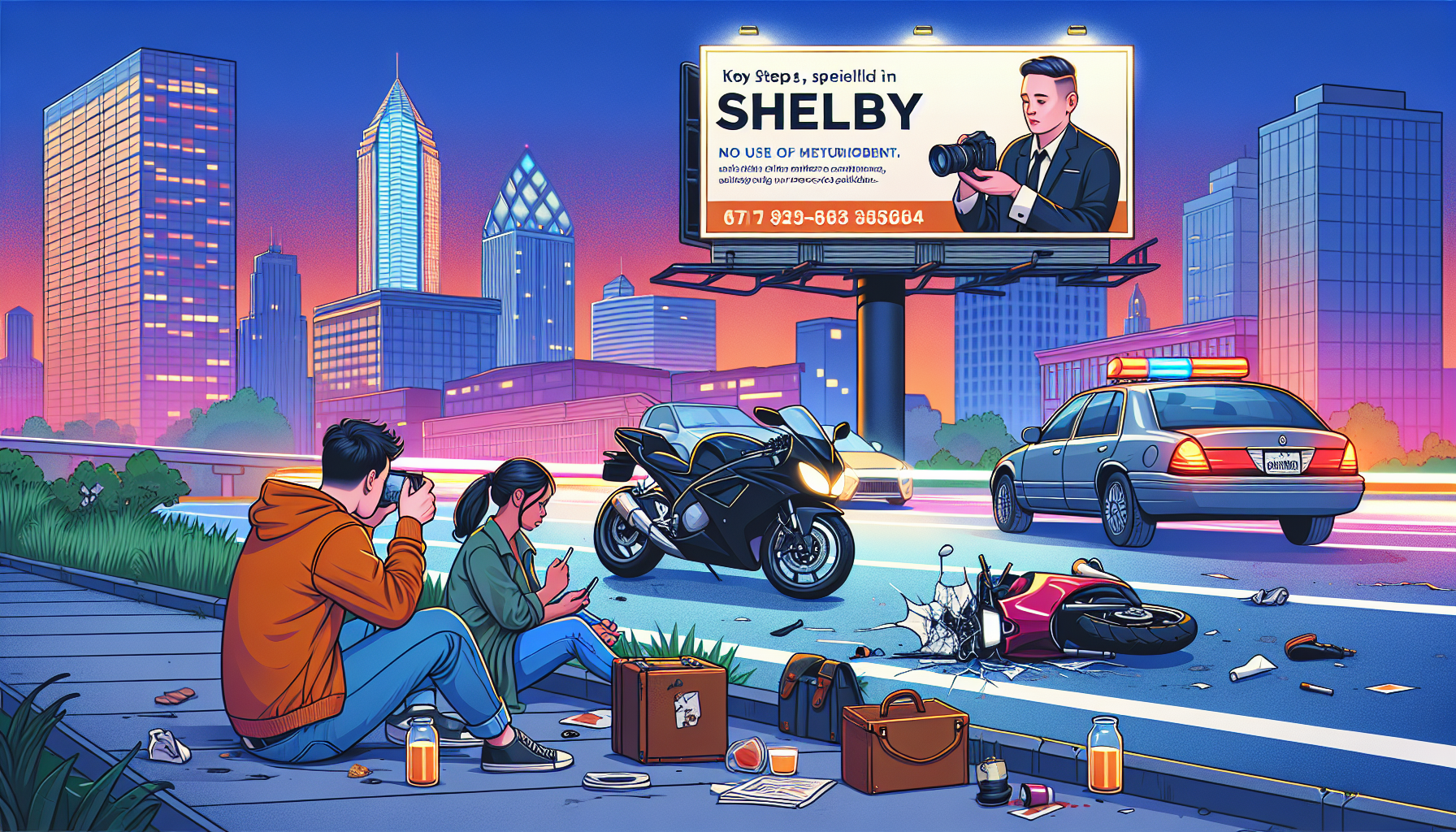 Visual representation of the key steps to take after a motorcycle accident in Shelby, showing a scene with a person photographing their damaged motorcycle for evidence, another person making a phone call while sitting on the curb, and in the background, an illuminated billboard advertising a Shelby motorcycle accident lawyer.