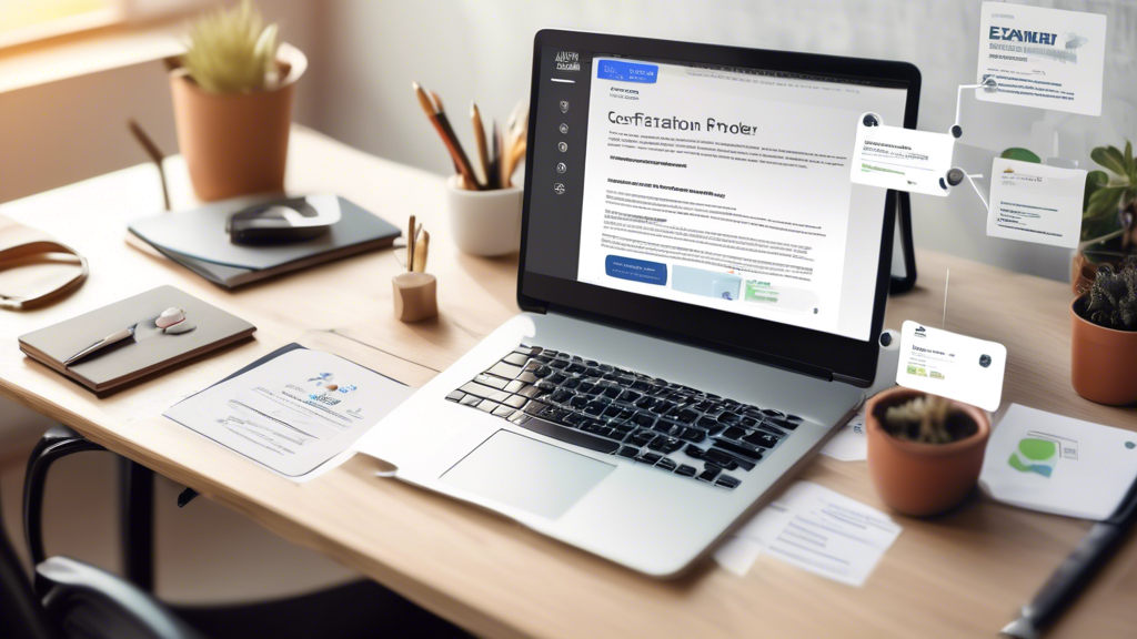 Create an image that illustrates the process of locating and choosing a DOT exam provider. Include a laptop screen displaying search results for examen DOT near me, with various website options and a few highlighted key points on the screen such as Certification, Reputation, and Accessibility. The background should depict a well-organized home office desk with additional elements like a smartphone, notepad, and a coffee mug to underscore the convenience of using online resources and directories to find local providers.