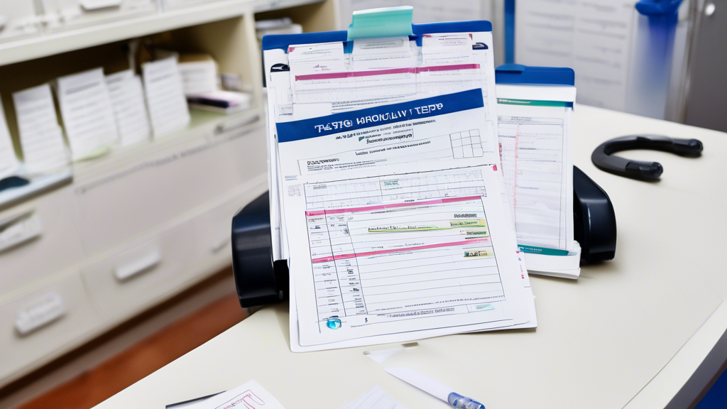 An organized work desk with neatly stacked medical history forms and essential documents ready for an Examen DOT appointment. On the desk, there’s a checklist indicating pre-exam steps like fasting, hydration, and getting enough rest. A calendar on the wall shows the exam day circled and highlighted. In the background, medical equipment and a vision chart can be partially seen, representing the examination process (vision, hearing, urine specimen) of the DOT exam. This image should convey preparation, organization, and anticipation for the DOT examination process.