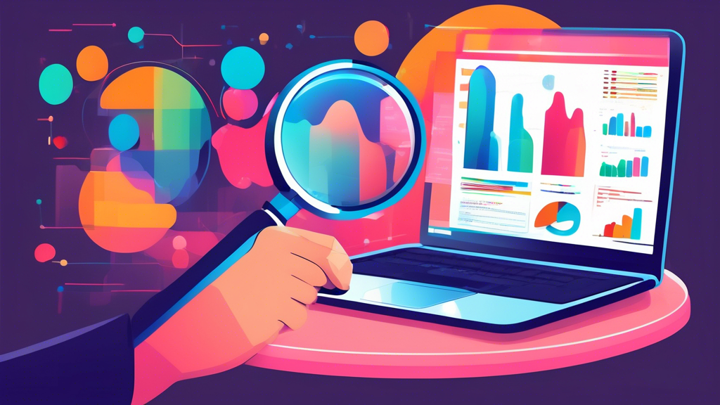 A hand holding a magnifying glass over a laptop screen, with colorful data charts and graphs representing user feedback overlaid on the screen. A speech bubble coming from the laptop screen with a quote from a user suggestion.