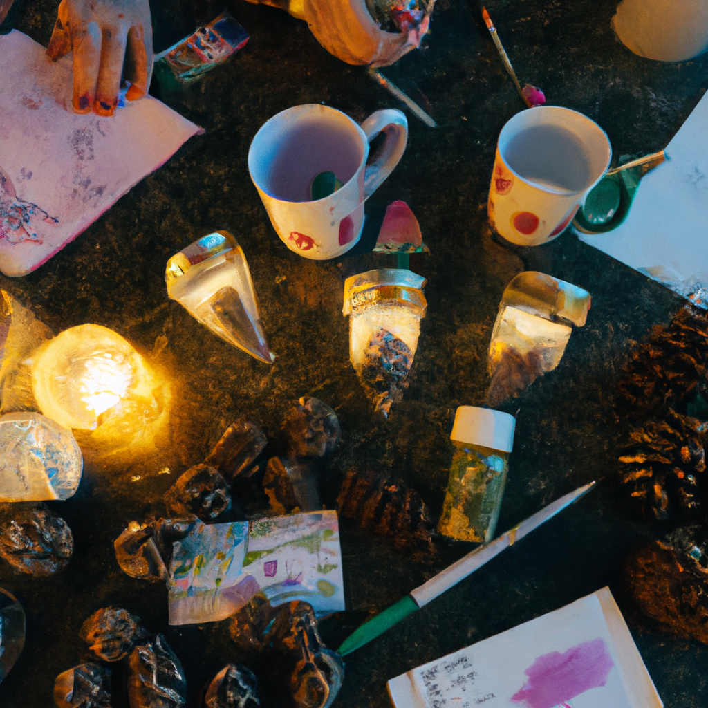 A cozy Christmas craft table filled with various materials like pine cones, twine, paint, glitter, small jars, and tea lights. Step-by-step instructions displayed on a festive notepad, with people’s hands actively crafting and decorating their own personalized Christmas tea light holders. The background features a warm, decorated living room with a Christmas tree and hanging fairy lights, setting the perfect holiday atmosphere. Keywords: DIY Christmas Tea Light Holders.