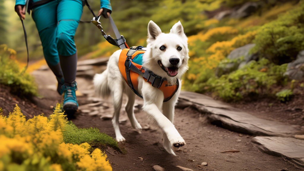 Create a vibrant and dynamic image of an active dog and its owner exploring a scenic outdoor trail, emphasizing action-packed elements like running or hiking. The dog is securely attached to the owner with the innovative Ruffwear Hitch Hiker Leash, highlighting its practical features such as adjustable length and hands-free wearing. Incorporate a sense of safety and control, showcasing happy and energetic expressions on both the dog and the owner’s faces. Include elements of nature, such as trees, mountains, or a river, to enhance the adventurous atmosphere.