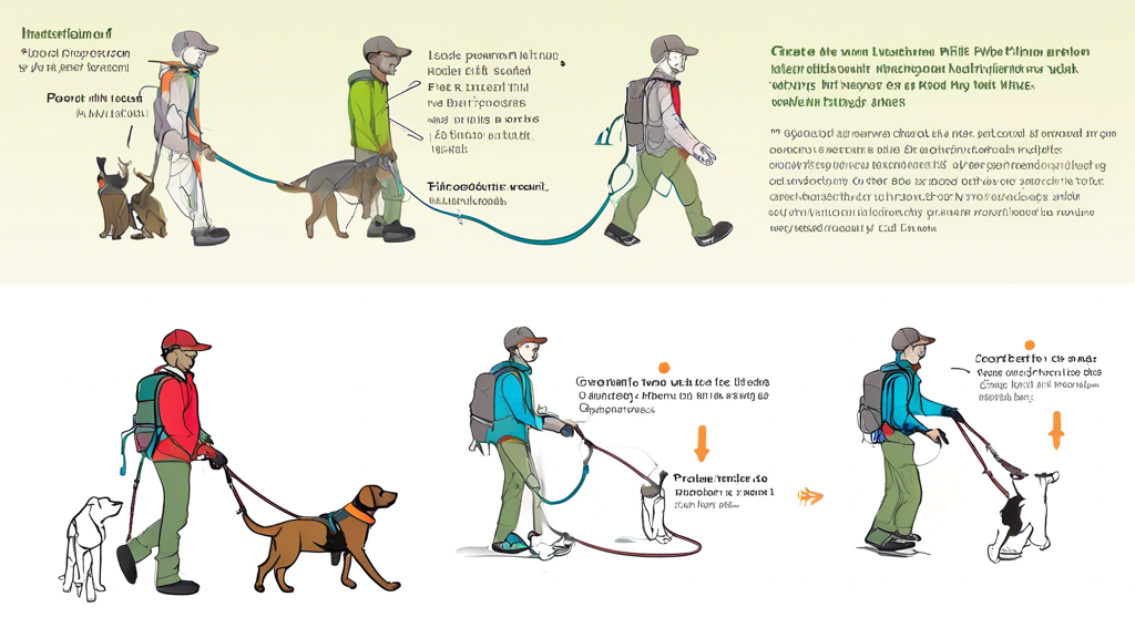 Create an instructional diagram of a person using the Ruffwear Hitch Hiker Leash, surrounded by practical tips. Include detailed step-by-step sequences for effective use, illustrated maintenance and care techniques, and common mistakes to avoid. Highlight the leash