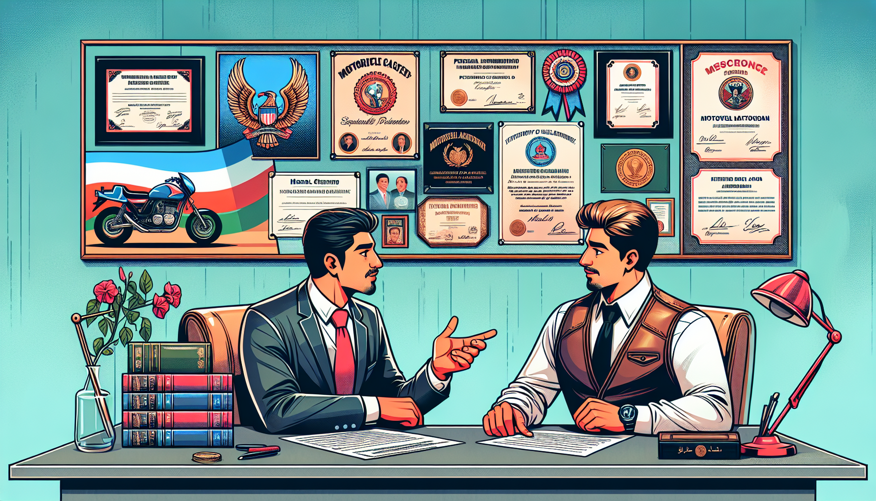 DALL-E prompt: A visual representation of a seasoned Smyrna motorcycle accident lawyer in an office setting, showing key qualities such as a wall covered with certificates showcasing experience and local expertise, a board filled with successful case track records, and the lawyer engaging in a detailed conversation with a client demonstrating strong communication skills. Include elements like legal books related to motorcycle law and personal testimonials or reference letters displayed prominently to emphasize client-focused services.