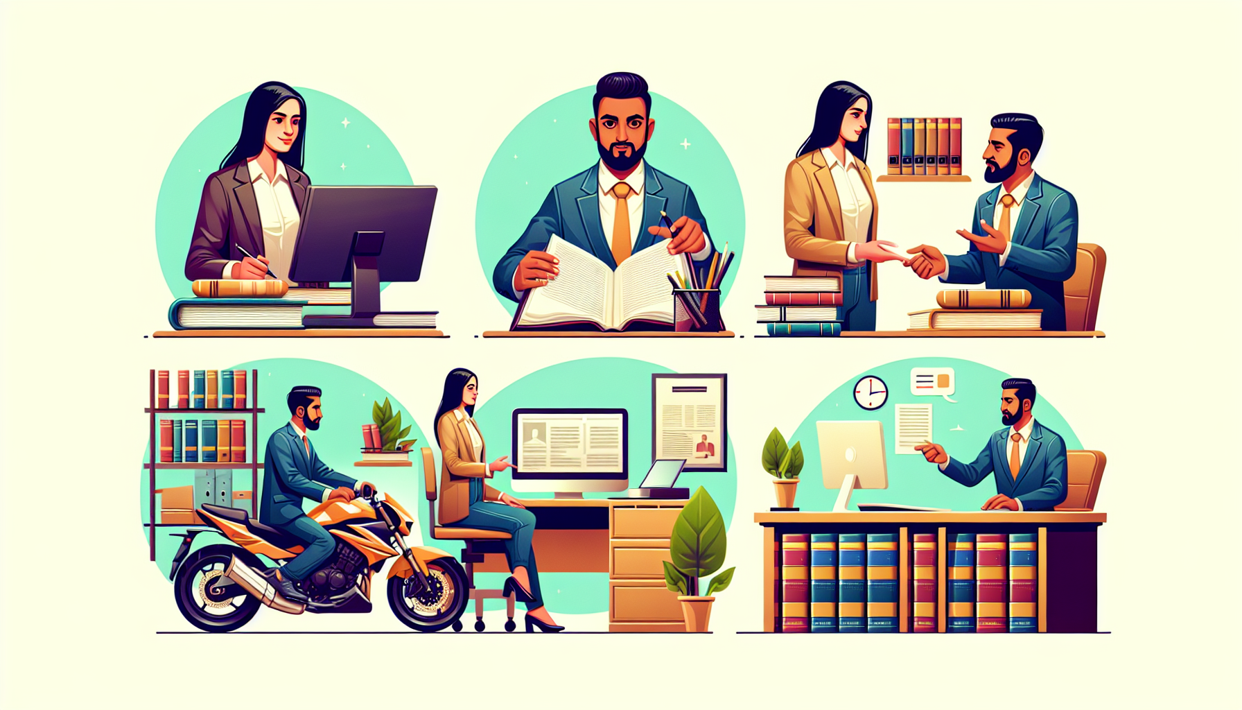 An illustrated step-by-step guide showing a client researching, consulting, and selecting a Smyrna motorcycle accident lawyer, with emphasis on examining documents, discussing fee structures, and engaging in a detailed consultation in an office setting, reflecting professionalism and client interaction.