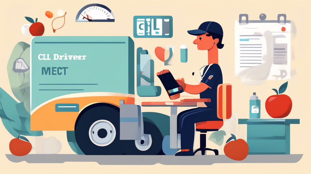 Create an image depicting a professional truck driver preparing for a CDL medical examination. The scene should include the driver organizing important medical documents and records at a desk, with visuals of a stethoscope, a blood pressure monitor, and healthy lifestyle items like fruits, water, and exercise equipment in the background. Include subtle elements that represent healthy habits and preparation tips. The setting should evoke a sense of readiness and attention to detail, emphasizing the importance of being well-prepared for the examination.