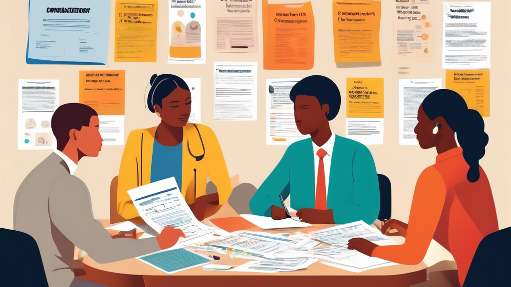 Create an image that depicts a scene of diverse individuals from different backgrounds sitting together around a table, poring over a series of reports and documents labeled Consultations, Reviews, and Assessments. On a nearby corkboard, various colorful flyers and pamphlets are pinned, each with the bold text Find the Best Good Injury Lawyers. A computer screen is visible in the background displaying a webpage with star ratings and client testimonials for injury lawyers. The setting is a modern, bright office space with large windows, evoking a sense of trust and professionalism. The atmosphere should convey collaboration, diligence, and a common goal of identifying the best legal representation for personal injury cases.