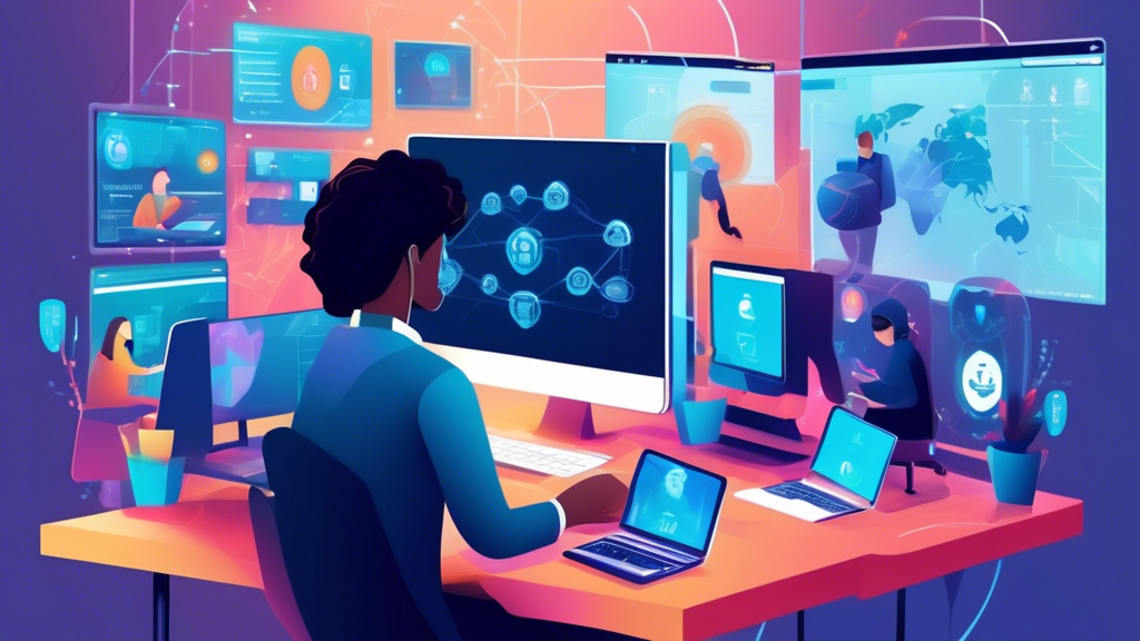 Create an image depicting a dynamic and modern workspace where a diverse group of professionals are connected globally through Astrill VPN. In the foreground, a person is browsing securely online, with digital elements representing strong encryption, high-speed connections, and global servers surrounding them. In the background, show team members collaborating remotely on various devices, accessing region-restricted content seamlessly. Emphasize a secure and connected digital environment, highlighting the benefits of online anonymity and data protection for both personal and corporate users.