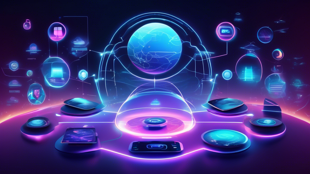 Create an image of a futuristic digital landscape that symbolizes enhanced browsing experiences, featuring floating holographic symbols representing the Smart Mode and StealthVPN functionalities of Astrill VPN. The scene should include an array of various devices seamlessly connected, signifying the multi-platform support and easy integration. In the center, visualize an intuitive, luminous user interface that stands out as a beacon, illustrating the user-friendly nature of Astrill VPN