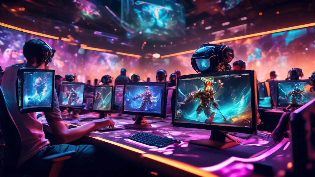 Create an image of a vibrant and dynamic scene featuring a seasoned TFT player deeply focused at their computer, with a digital display of complex team compositions and strategies glowing on multiple large screens around them. The environment is bustling with excitement, capturing the intensity of a high-stakes tournament setting. Include elements like futuristic data graphs, dynamic chat overlays, and a holographic depiction of the current meta, giving the sense of cutting-edge technology and strategic gameplay mastery. Ensure the atmosphere conveys the excitement and complexity of competing in a top-level TFT tournament.