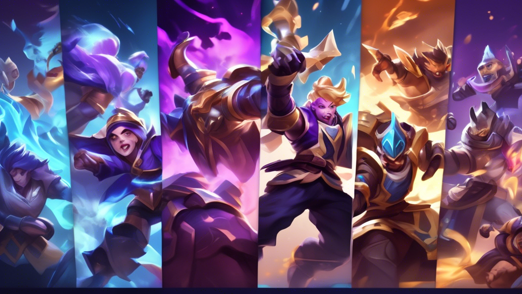 Create an image that captures the thrilling atmosphere of recent TFT (Teamfight Tactics) tournaments, featuring a montage of exciting highlights. Showcase dramatic comebacks with vibrant explosions of energy and motion, innovative strategies represented by shifting chess pieces on a virtual battlefield, and record-breaking achievements with digital trophies and holographic leaderboards. Include dynamic expressions of players and their stories through candid portraits, each filled with determination and joy. The background should subtly transition between iconic gaming environments, illustrating the captivating impact of these tournaments on the TFT community, inspiring both new and seasoned players alike.