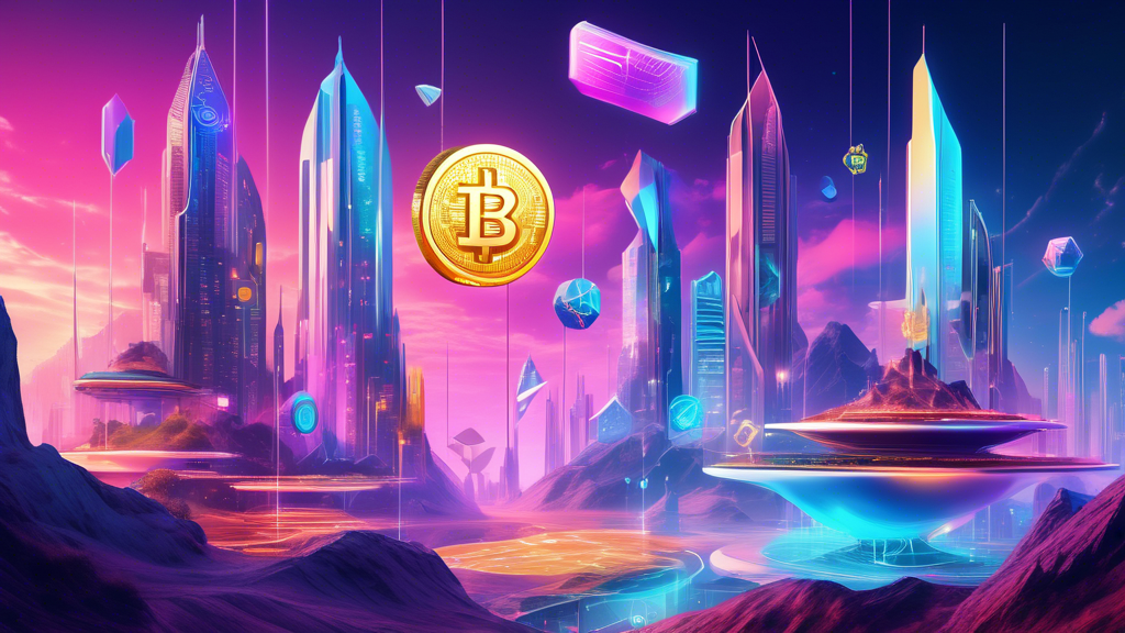 Create an image depicting a futuristic digital landscape with three towering, holographic structures representing the top cryptocurrency apps of 2023: Coinbase, Binance, and eToro. Each structure is adorned with vibrant symbols and logos representing their unique features, fees, and supported currencies. The scene is bustling with digital currency symbols floating around, showcasing integration with financial tools and services. The background is a sleek cityscape with abstract representations of data and connectivity, highlighting the innovation in the investment experience.