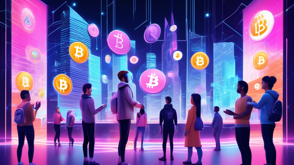 Create an image that features a futuristic cityscape with digital billboards displaying various cryptocurrency logos, such as Bitcoin, Ethereum, and Litecoin. In the foreground, a diverse group of people—representing different ages and backgrounds—are standing around a holographic interface displaying a variety of app icons related to cryptocurrency exchanges. The people are engaging with the interface using gestures, as a virtual assistant guide provides advice on selecting apps with secure protocols, low transaction fees, and regulatory compliance. The setting captures a sense of technological advancement and informed decision-making in the digital finance world of 2023.