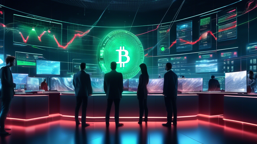 Create an image depicting a futuristic digital landscape in 2023, where a diverse group of individuals is engaged in monitoring and analyzing cryptocurrency trading on sleek, holographic screens. The scene should include visual representations of both risks and rewards associated with crypto trading—one screen displaying fluctuating market graphs with red and green indicators, symbolizing market volatility, and another highlighting protective security shields and locks, indicating security measures. In the background, show a dynamic and vibrant cityscape symbolizing the potential opportunities in the crypto world. The image should evoke a sense of both caution and optimism, capturing the essence of navigating the risks and rewards of crypto trading sites in 2023.