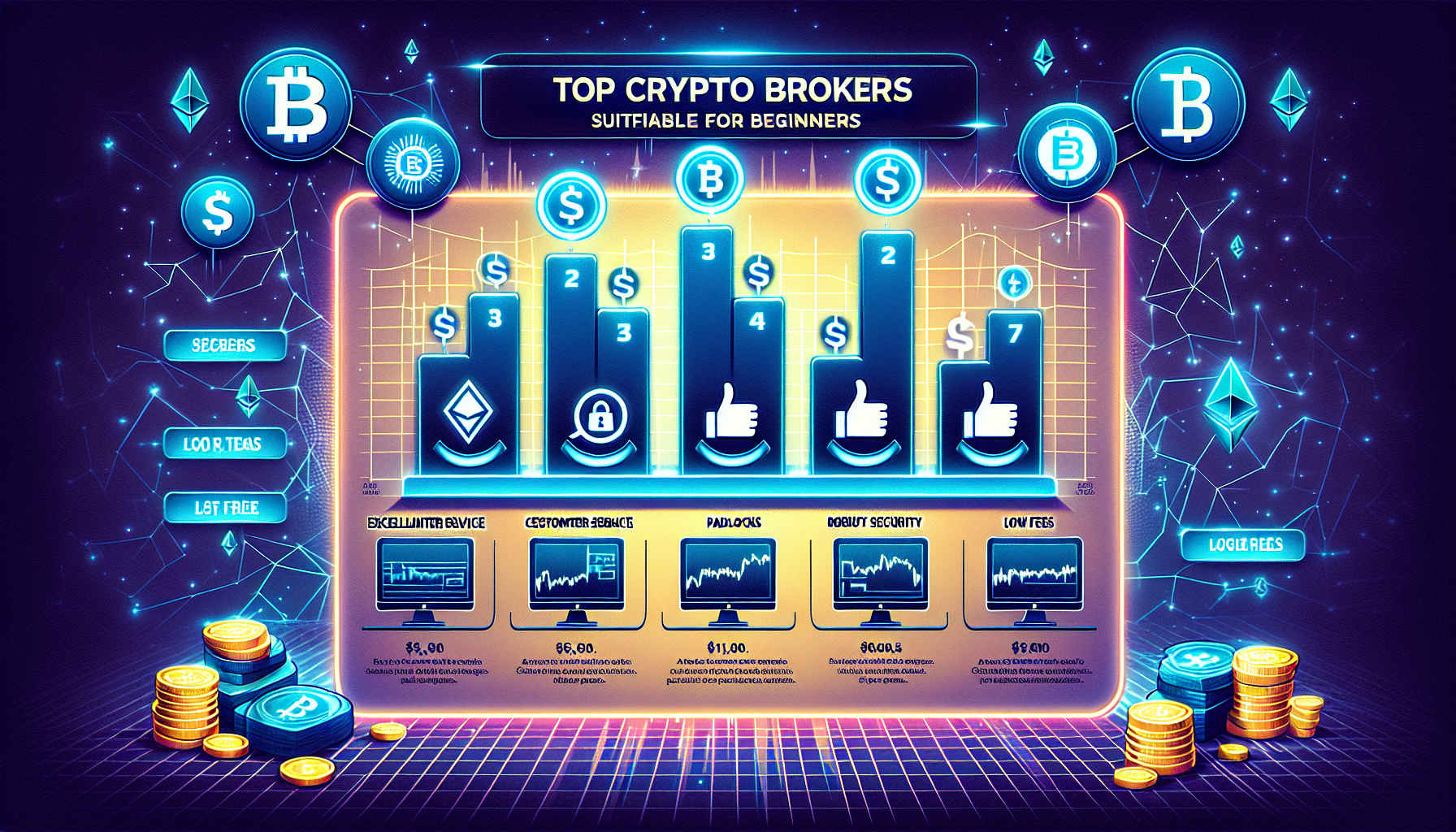 Create an illustration showcasing a vibrant and dynamic infographic of the top crypto brokers recommended for beginners in 2023. The image should feature a visually engaging chart or list, highlighting each broker with distinguishing icons or symbols that represent their key qualities such as low fees, robust security measures, and excellent customer support. Include elements like user-friendly interface symbols, padlocks for security, and customer service icons. The background should suggest a futuristic and digital theme with subtle nods to cryptocurrency, incorporating recognizable crypto symbols like Bitcoin and Ethereum. The overall look should be modern and inviting, appealing to novice traders seeking reliable and accessible options.