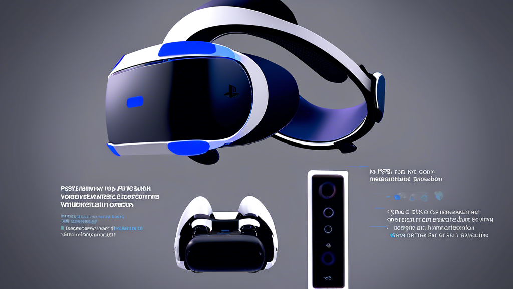 Create an image showcasing the key features and technical specifications of the PS VR2, as highlighted on Amazon. The scene presents a sleek, modern virtual reality headset alongside its wireless controllers, set against a minimalist, futuristic background. Infographics pop up around the headset, detailing essential specifications such as high-resolution display, 3D audio capabilities, and comfort-enhancing design. Additionally, include snippets of customer reviews emphasizing these features, woven seamlessly into the design, to visually represent user satisfaction and critique.