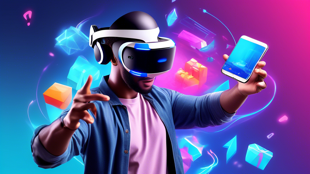 Create an image that depicts a dynamic and visually engaging online shopping experience focused on the PS VR2 on Amazon. The screen should display various deals and discounts prominently with vibrant graphics, showcasing the PS VR2 headset and controllers. There should be icons representing stock availability, such as a Low Stock banner or Available Now notification. Include elements representing Amazon