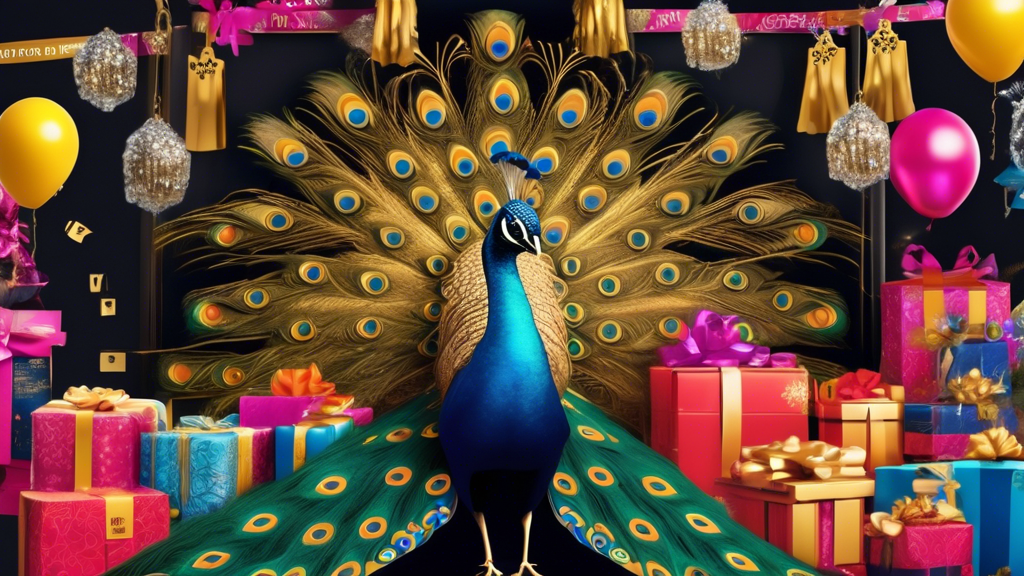 Create an image of a vibrant Peacock perched atop an array of brightly wrapped gifts, each adorned with Black Friday 2023 tags. The Peacock
