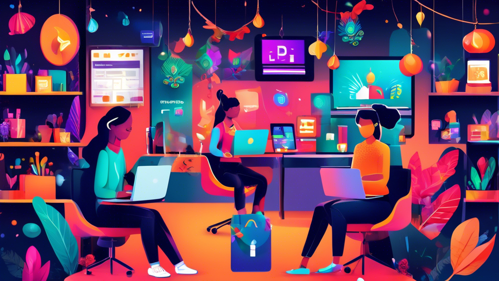 Create an image that depicts a bustling digital workspace filled with vibrant colors, featuring a diverse group of people eagerly browsing Peacock Black Friday deals on various devices like laptops, tablets, and smartphones. Include virtual assistants and notifications depicting alerts for exclusive Peacock offers and best savings. The room is decorated with festive Black Friday banners and Peacock-themed iconography, conveying a sense of excitement and strategy.