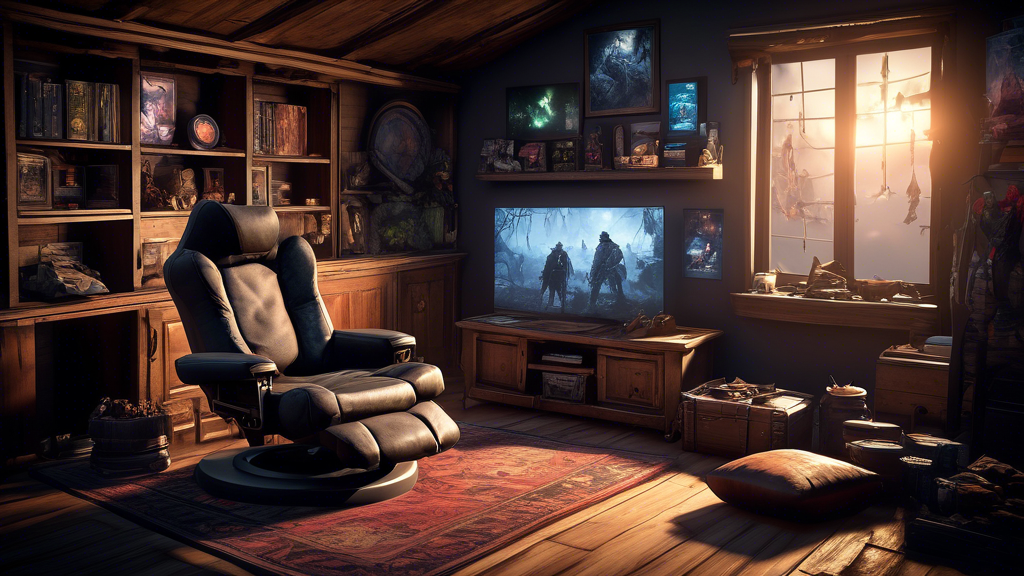 Create an image depicting a nostalgic gaming setup centered around the PS4 Fat console, showcasing a vibrant scene with popular PS4 exclusive game titles such as Bloodborne, Horizon Zero Dawn, and Uncharted 4 displayed prominently on a large screen. The setting should capture the essence of an immersive gaming experience, featuring elements like a cozy gaming chair, a well-used DualShock controller, and shelves lined with game cases. Incorporate soft mood lighting to enhance the atmosphere of this iconic era in gaming history, illustrating the impact of the PS4 Fat