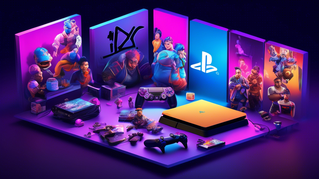 Create a digital illustration showcasing the iconic PS4 Fat console surrounded by a vibrant and diverse gaming community in an engaging online setting. The scene should include a variety of avatars and characters interacting in a dynamic virtual world, representing the cultural and competitive impact the PS4 Fat had on gaming. Include subtle nods to popular games from the PS4 era and elements that symbolize the console