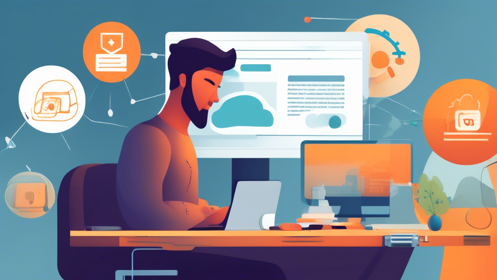 Create an image that illustrates a step-by-step process for setting up a proxy to access blocked websites. The scene should depict a person sitting at a desk in front of a computer, with visual elements like browser windows showing proxy settings instructions. Include floating icons representing free and paid proxy services, and various browsers and devices like a smartphone and tablet. Highlight text boxes or callouts around the scene with tips for ensuring a stable and secure connection while using a proxy. The overall atmosphere should convey a sense of tech-savvy guidance and protection.