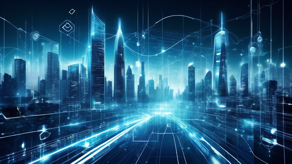 Create an image that depicts a futuristic city skyline with digital elements, symbolizing the concept of overcoming digital barriers. Integrate visual metaphors such as glowing, interconnected lines representing internet connectivity winding through the skyscrapers. Include abstract representations of data flow and security, with hints of padlocks and keys to emphasize anonymity and safety online. The scene should convey the process of switching and navigating proxies to ensure uninterrupted access, with an emphasis on solving challenges and optimizing internet use for blocked websites. Use vibrant colors and a sense of movement to convey technological advancement and ingenuity.