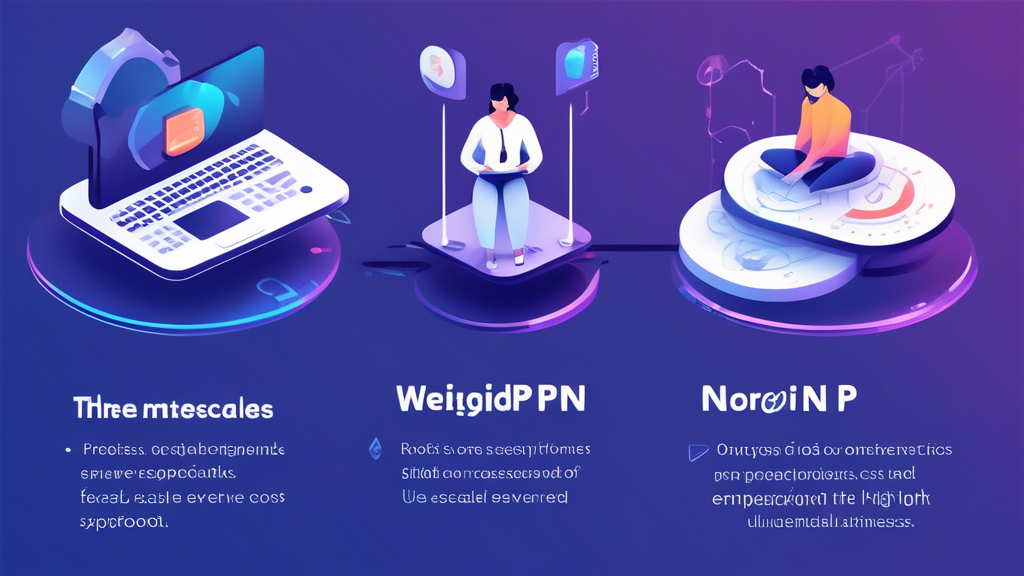 Create an image showcasing a weighing scale balancing the NordVPN Cost on one side and Pros & Cons on the other. On the Pros side, illustrate symbols of high-speed connections, robust security protocols, and expansive server networks. On the Cons side, display icons representing potential drawbacks like subscription cost or limited features. Surround the scale with diverse user profiles—students, business professionals, and travelers—engaging with devices in various real-life scenarios to demonstrate how different users assess if NordVPN