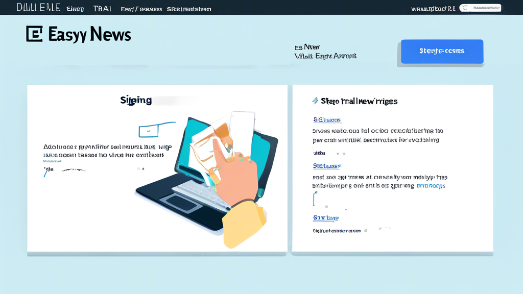 Prompt for DALL-E: Create an image that illustrates the step-by-step process of signing up for the Easynews trial. The scene should depict a user-friendly digital interface on a laptop screen, showing the steps involved in creating an account and activating the trial. Include visual elements like arrows and checkmarks to guide the viewer through each step, and add tips displayed like sticky notes around the screen, emphasizing easy navigation and helpful hints. The overall mood should be inviting and educational, encouraging new users to explore the Easynews platform.
