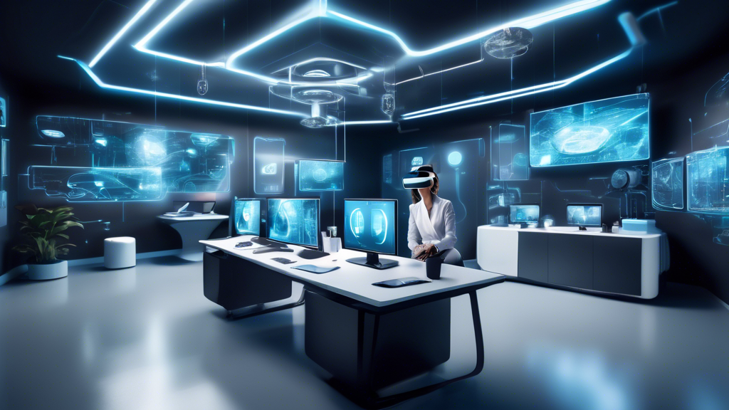 Create an image showcasing a futuristic office environment where professionals are engaged with various leading VR solutions that are transforming business operations in 2023. The scene should depict multiple industries, including healthcare, automotive, and retail, each demonstrating VR applications like virtual collaboration, immersive training, and enhanced customer engagement. Include visual elements such as holographic displays, VR headsets, and interactive virtual landscapes to highlight the unique features and business benefits of these cutting-edge VR technologies. The atmosphere should convey innovation and productivity, with a focus on how these technologies are revolutionizing business practices.