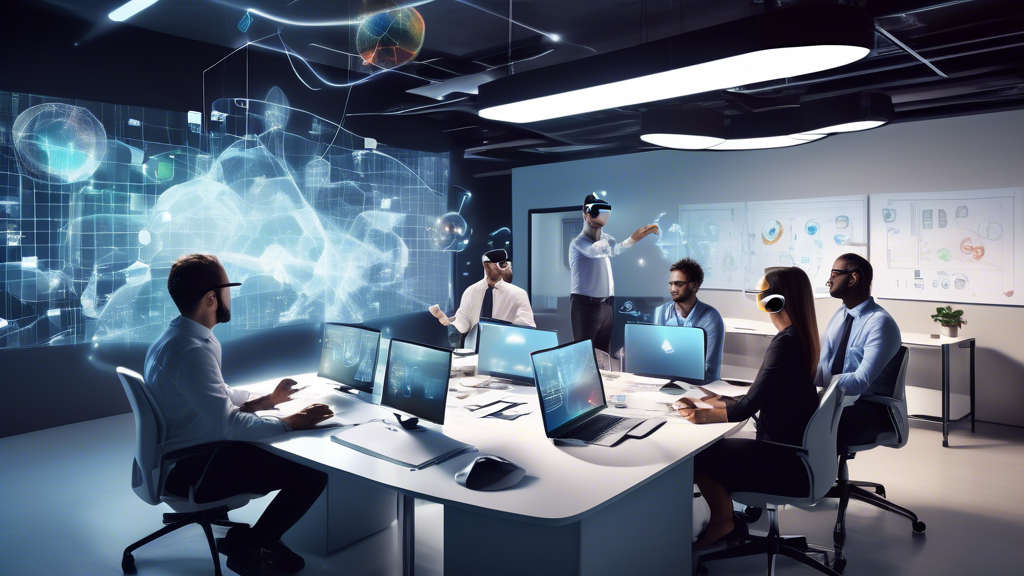 Create an image that showcases a modern office setting where professionals are actively using VR headsets and controllers in a collaborative workspace. The scene should illustrate a team of diverse business professionals engaged in a VR meeting, with holographic charts and graphs floating in the air, representing data analysis and presentation. Include elements that portray the integration of VR technology into the workflow, such as digital whiteboards and virtual office tools. The atmosphere should convey innovation, collaboration, and efficiency, highlighting how businesses successfully leverage VR for improved performance and outcomes. Keywords to focus on include: VR in business, integration, technology, collaboration, success stories.