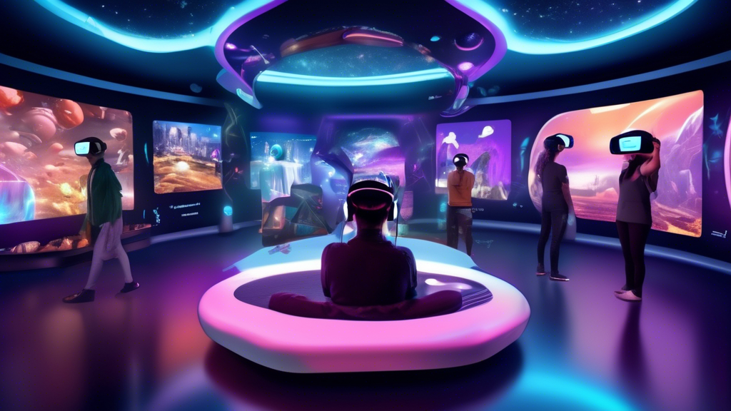 Create an image depicting a futuristic virtual reality lounge with various interactive pods, each showcasing a distinct category of adult virtual reality experiences. In the foreground, a digital screen displays categories such as Romantic Encounters, Immersive Storytelling, and Interactive Adventures, each with vibrant, engaging visuals. The background features diverse users donning advanced VR headsets, fully immersed in their experiences. The atmosphere is sleek, modern, and colorful, emphasizing the cutting-edge technology and diverse options available in adult VR. Include elements that convey user engagement and customization, such as touch interfaces and mood lighting inside the pods.