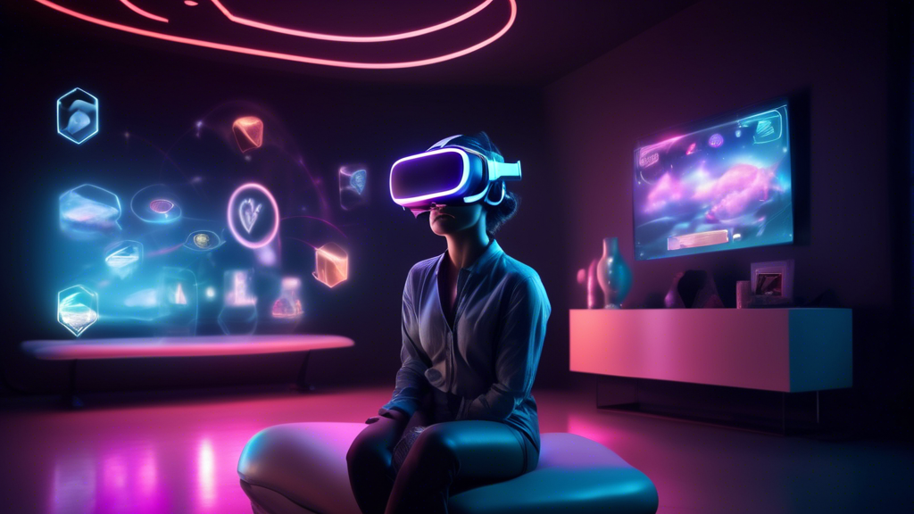 Create an image featuring a futuristic and sleek virtual reality headset floating in a dimly lit, minimalist room. In the background, a holographic display shows various icons representing different adult VR categories, such as romantic encounters and interactive adventures, with a focus on security and privacy symbols. Soft ambient lighting adds a sense of mystery and allure. The image should convey the theme of choosing the best adult virtual reality experience by highlighting advanced technology, safety considerations, and the diversity of options available.