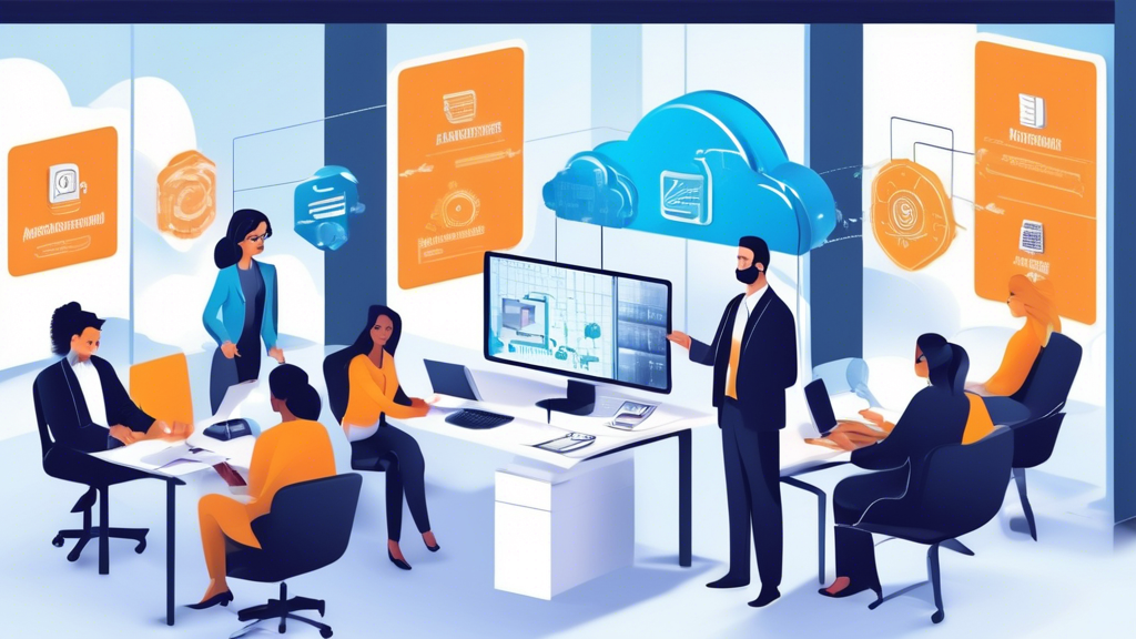Create an image illustrating the benefits of AWS Hosting for businesses. The scene should depict a modern business office with a diverse team of professionals gathered around a digital display showcasing the key advantages: cost-efficiency with a Pay-as-you-go model, enhanced security and compliance standards, and high reliability with global availability. In the background, incorporate graphical elements symbolizing cloud infrastructure and global connectivity, such as a world map with cloud icons and secure digital locks. The atmosphere should convey innovation, collaboration, and technological advancement.