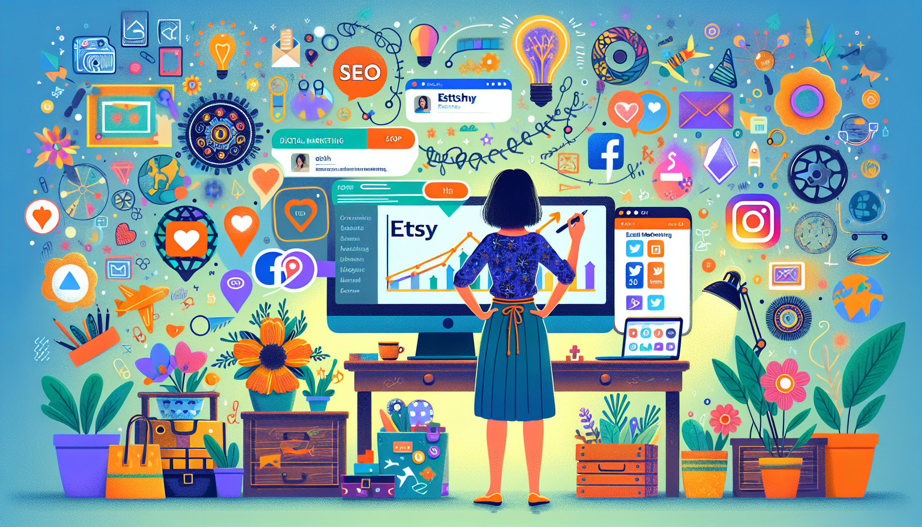 Create an engaging and visually striking illustration showcasing an Etsy shop owner implementing effective digital marketing strategies. Include elements such as an Etsy shop interface highlighted with SEO keywords, social media icons (like Instagram, Facebook, and Pinterest) for brand engagement, and an email marketing dashboard displaying customer relationships. The background should depict a vibrant workspace filled with handmade products, reflecting creativity and entrepreneurship. Use a modern and colorful style to convey a sense of innovation and success in digital marketing for Etsy.