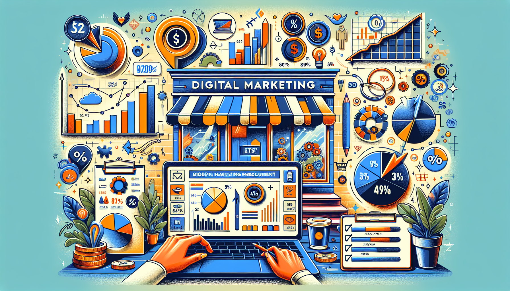 **DALL-E Prompt:** Create an informative and visually engaging illustration that represents the concept of measuring digital marketing success for an Etsy shop. Include elements like analytical tools (graphs, charts), a laptop displaying Etsy stats, a checklist of performance metrics, and symbols of ROI (such as money or percentage signs). The backdrop can include an artistic representation of an Etsy storefront with a digital marketing theme, emphasizing creativity and entrepreneurship. Use a modern, vibrant color palette to convey a sense of growth and success in digital marketing for Etsy sellers.