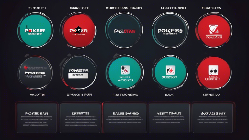 **DALL-E Prompt:** Create an informative and visually engaging graphic that illustrates the process of getting started with PokerStars PA. Include a step-by-step flowchart showing how to create an account, deposit, and withdraw funds on the platform. Incorporate icons of popular payment methods like credit cards, PayPal, and bank transfers. The background should have a digital poker theme, with elements like poker chips, playing cards, and a laptop displaying the PokerStars PA interface. Use a color palette that reflects the branding of PokerStars, emphasizing an inviting and user-friendly experience for online poker players in Pennsylvania.